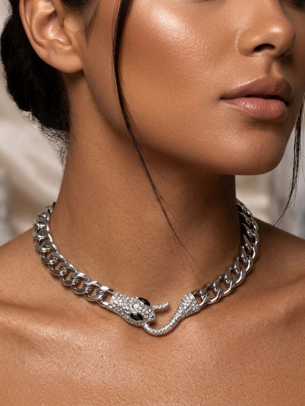 Silver Snake Head Chunky Chain Necklace